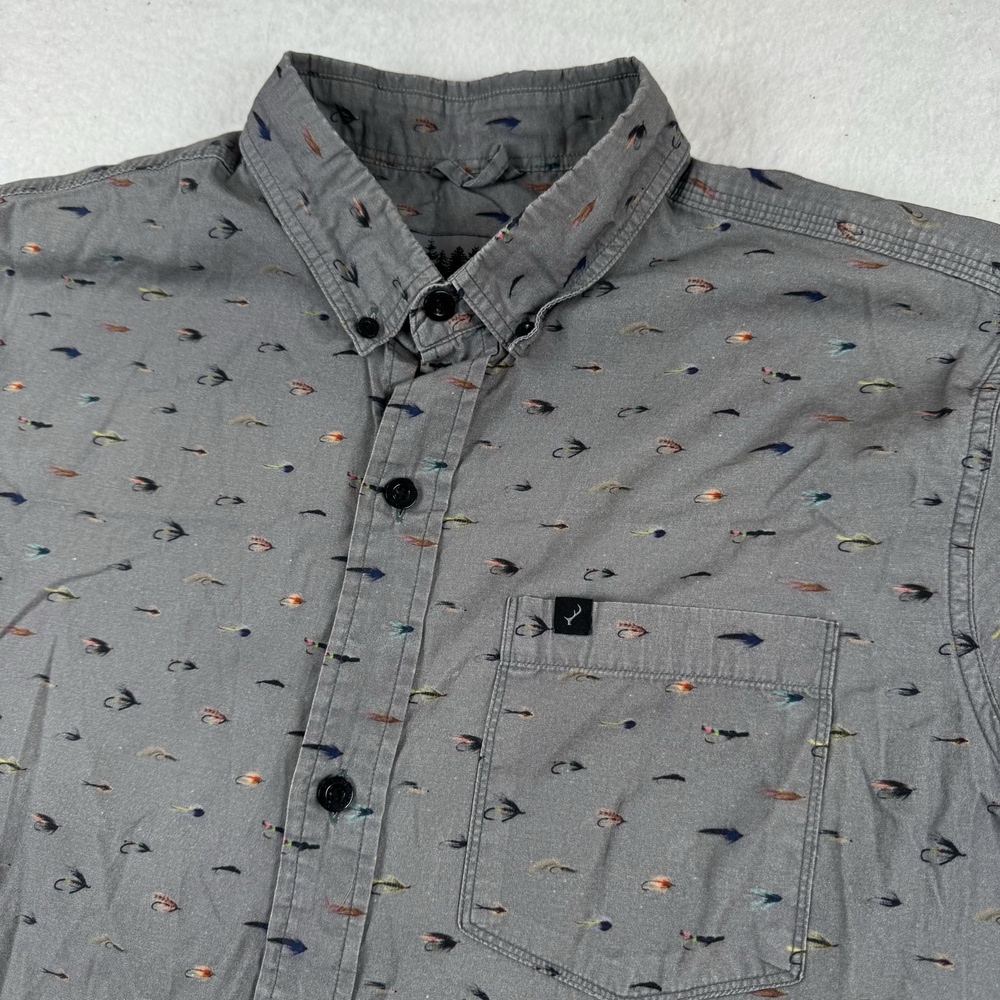Pladra Shirt Mens Size L Gray Fly Fishing Print Short Sleeve Button Up Casual